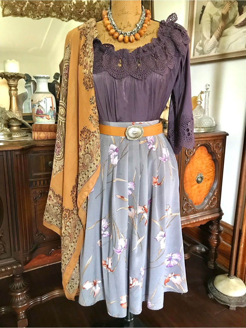 Vintage 80’s Boho Country Cottage Core Floral Skirt & Modern Blouse & Shawl Set